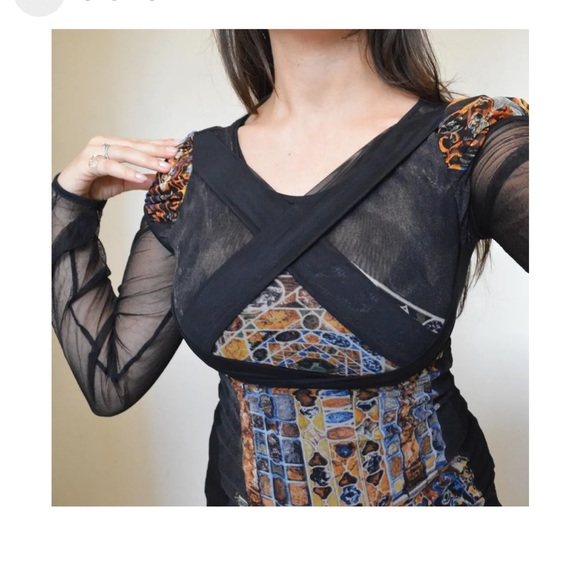 Vintage rare long sleeve midi mesh black with floral Save the Queen mesh dress - Picture 7 of 8